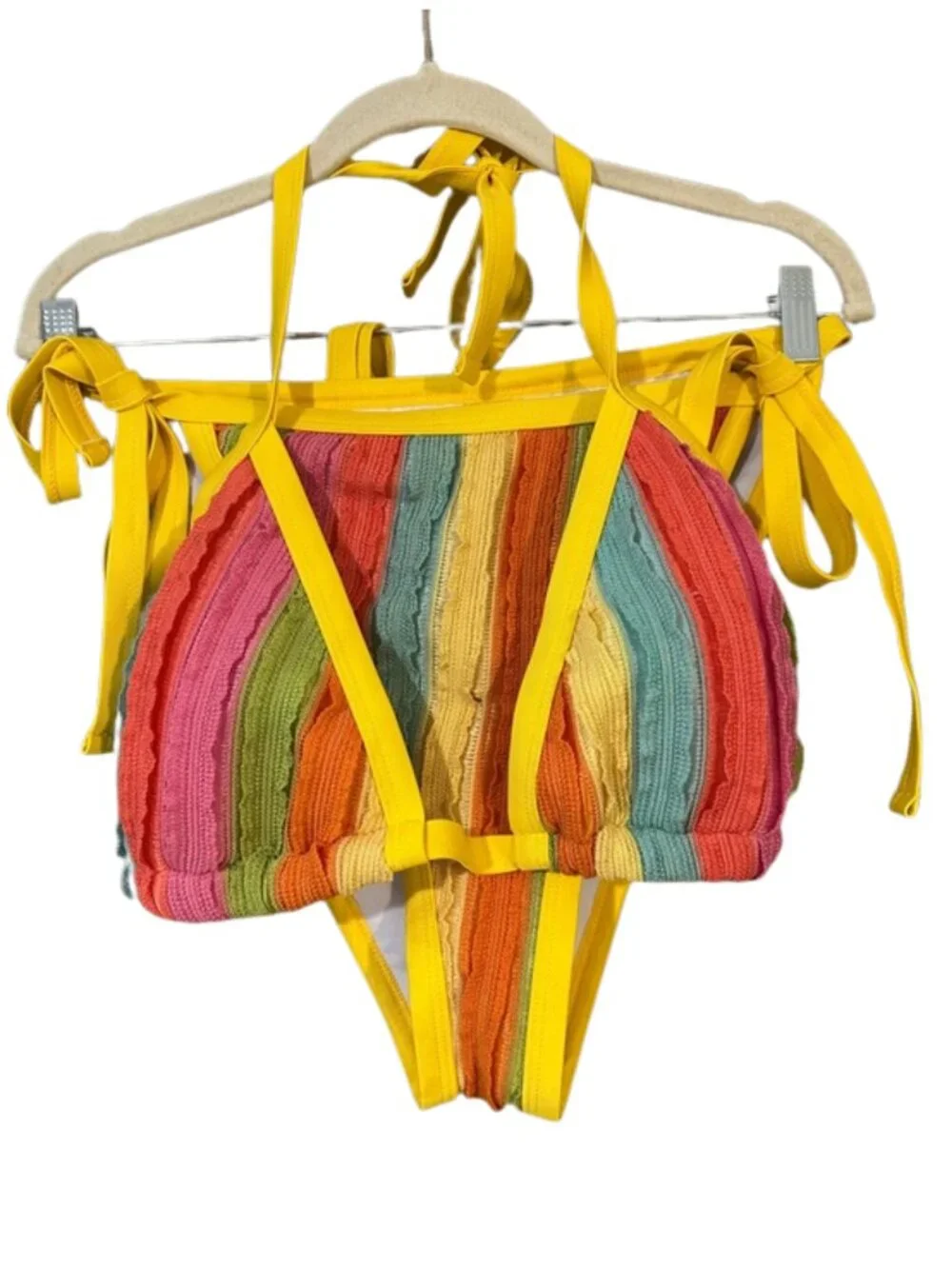 Rainbow Textured Two Piece Bikini Set Size 2XL Yellow Tie Side Swimwear Summer - Picture 1 of 9